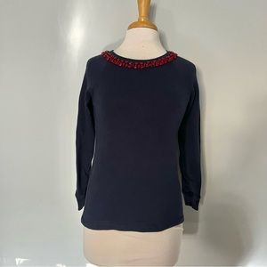J Crew Navy Blue Maroon Beaded Crewneck Sweater Size XS Holiday Cozy